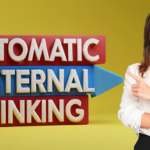 An image of a woman pointing to a sign that says automatic internal linking using LinkBoss.