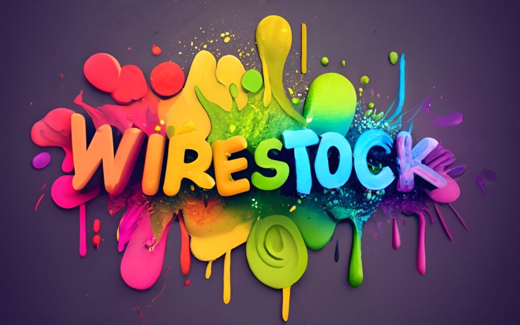 Wirestock logo with colorful paint splatters on a dark background, available for selling on a marketplace.