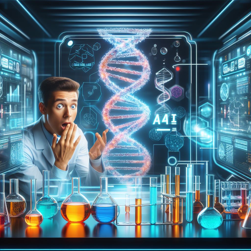 A man in a lab coat is examining a Super-Secret Project Q* DNA sample.