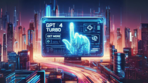 A futuristic city with the word gpt4 turbo on a screen at a cheap cost.