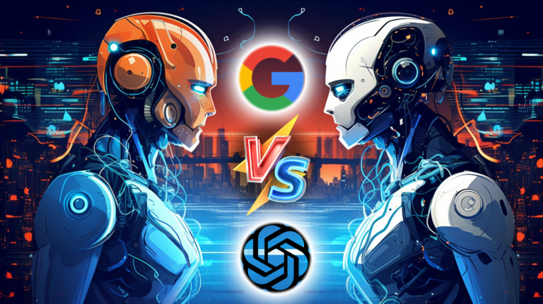 Two robots facing each other in an ultimate "Google vs Bing" chat battle.