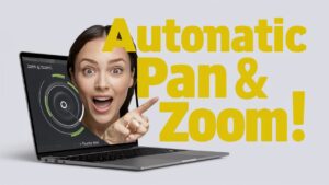 Person smiling and pointing at text that reads "Automatic Pan & Zoom!" on a gray background. A laptop displays a graphic of zoom functions, showcasing FocuSee review for top screen recording software.
