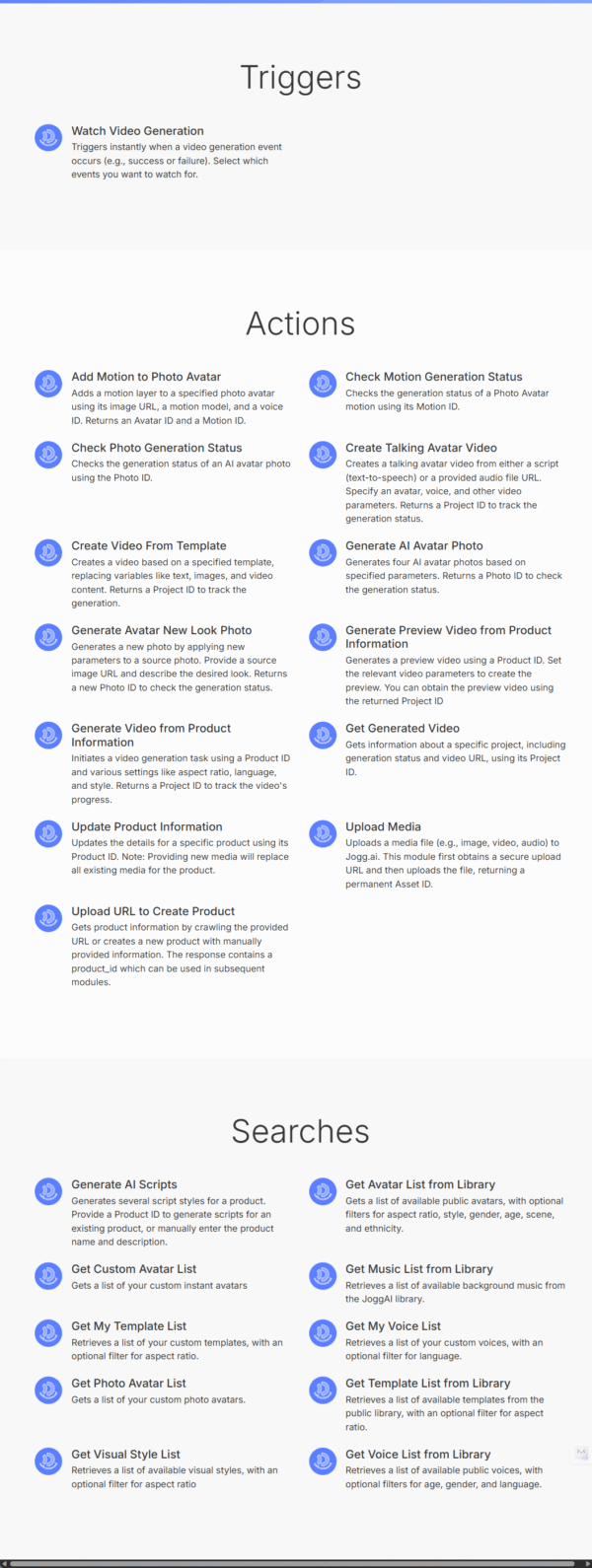 A screenshot displaying a categorized list of triggers, actions, and searches for an AI avatar and video generation platform, organized in three columns with brief descriptions for each item, featuring Boost.space Custom App Integration. A screenshot displaying a categorized list of triggers, actions, and searches for an AI avatar and video generation platform, organized in three columns with brief descriptions for each item, featuring Boost.space Custom App Integration.