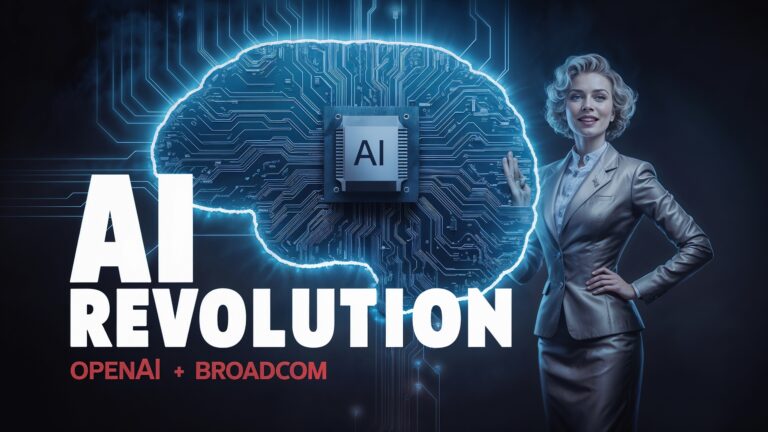 A woman in a silver suit stands beside a glowing, brain-shaped AI chip featuring the text "AI REVOLUTION: OPENAI + BROADCOM.