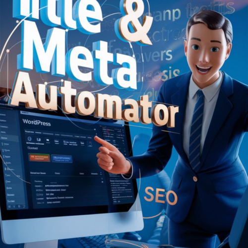 An animated person in a suit stands beside a computer, pointing to a WordPress dashboard. Surrounding text includes phrases like "Automate Title & Meta Description" and "SEO". The WordPress logo is visible, highlighting the power of this innovative WordPress plugin.