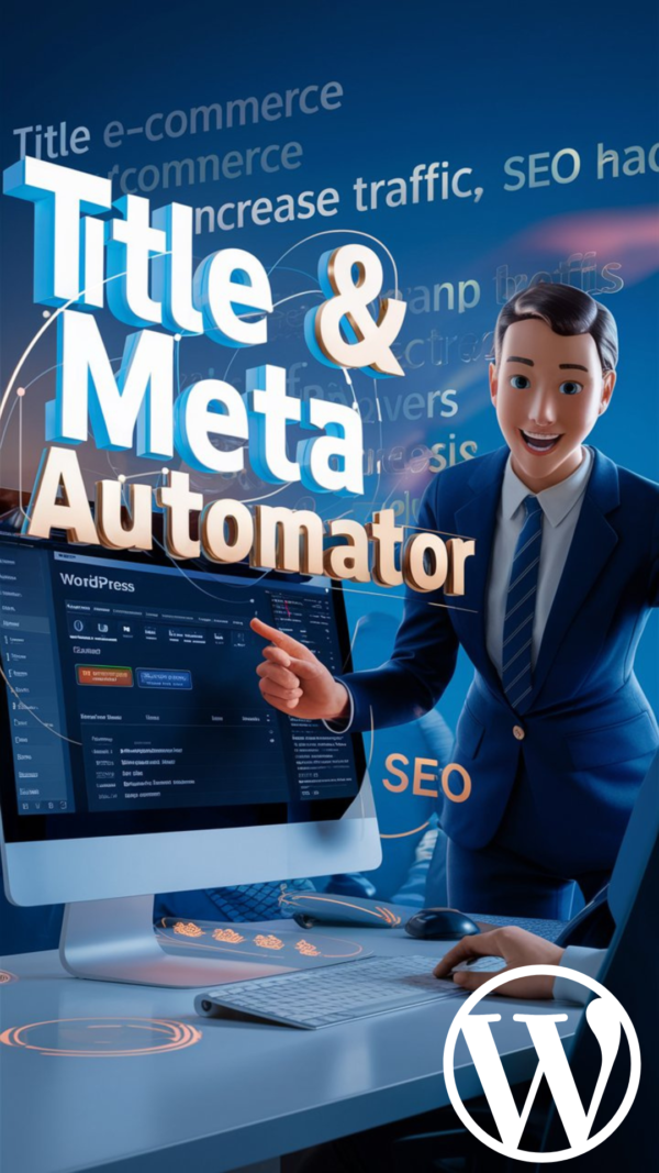 An animated person in a suit stands beside a computer, pointing to a WordPress dashboard. Surrounding text includes phrases like "Automate Title & Meta Description" and "SEO". The WordPress logo is visible, highlighting the power of this innovative WordPress plugin.