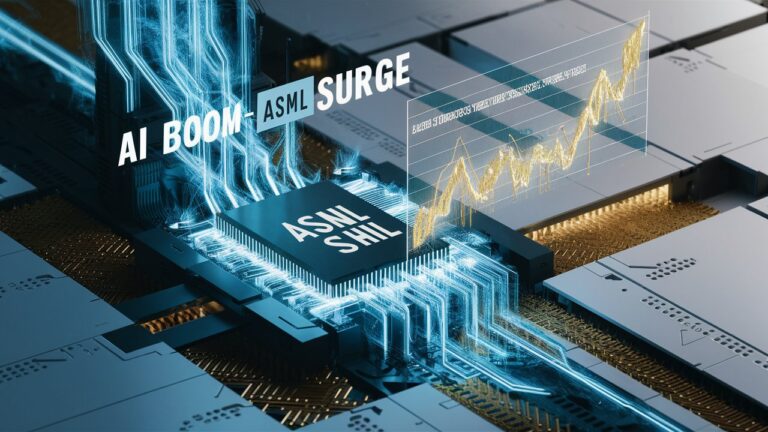 Image of a computer chip labeled "ASML" with blue circuit lines, surrounded by text "AI BOOM" and "ASML SURGE." A chart with rising data, reflecting Q2 Earnings, is displayed in the background.