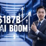 A man in a suit stands confidently in front of a futuristic background with the text "$187B AI Boom" and upward-pointing arrows, symbolizing growth and advancement in the AI server market.