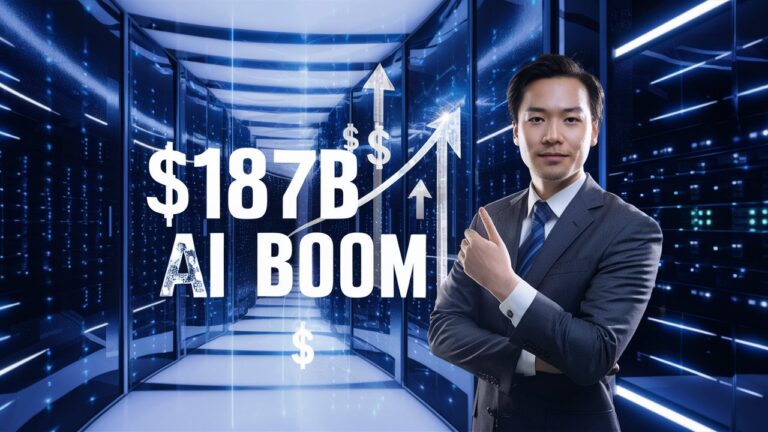 A man in a suit stands confidently in front of a futuristic background with the text "$187B AI Boom" and upward-pointing arrows, symbolizing growth and advancement in the AI server market.