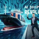 A businessperson in a suit stands excitedly on a pier next to a large CMA CGM cargo ship with the text "AI Shipping Revolution" and digital circuit patterns in the background.
