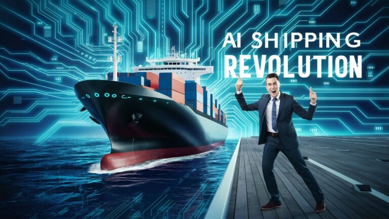 A businessperson in a suit stands excitedly on a pier next to a large CMA CGM cargo ship with the text "AI Shipping Revolution" and digital circuit patterns in the background.