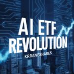 A city backdrop with a digital grid and rising stock chart sets the scene. Bold text reads "AI & Technology ETF Revolution KraneShares.