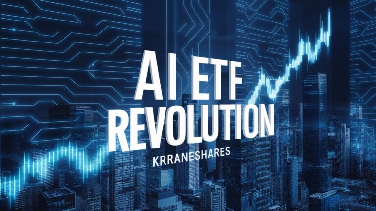 A city backdrop with a digital grid and rising stock chart sets the scene. Bold text reads "AI & Technology ETF Revolution KraneShares.
