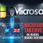 A person interacts with a holographic display showing icons for AI and the UK flag. Text reads, "Microsoft AI Takeover? UK Regulatory Scrutiny Blocks Tech Giant?" The Microsoft logo is visible in the background.