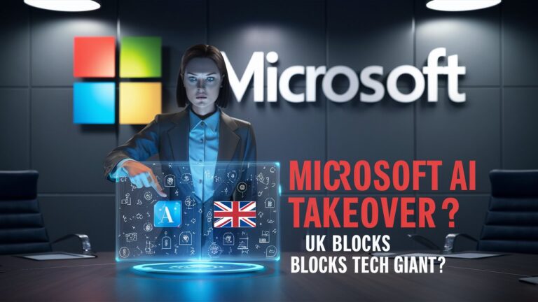 A person interacts with a holographic display showing icons for AI and the UK flag. Text reads, "Microsoft AI Takeover? UK Regulatory Scrutiny Blocks Tech Giant?" The Microsoft logo is visible in the background.