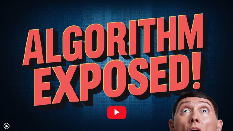 A large red and yellow text that reads "ALGORITHM EXPOSED!" against a dark blue background with a portion of a man's face and the YouTube logo below, delving into the YouTube algorithm secrets for 2024.