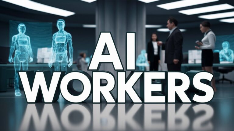 A futuristic office with holographic AI figures and employees in business attire, centered text reads "AI WORKERS 2024: The New Era of AI-Powered Digital Workers.