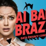 A woman with a concerned expression points towards bold red text that reads "AI BAN BRAZIL - Meta Data Privacy Concerns" against a blue background.