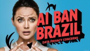 A woman with a concerned expression points towards bold red text that reads "AI BAN BRAZIL - Meta Data Privacy Concerns" against a blue background.