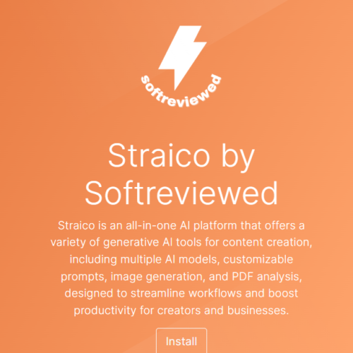 An orange advertisement for "Straico by Softreviewed" showcases an AI platform with tools for content creation, workflows, and productivity, now enhanced with Make.com API integration. Featuring a white lightning bolt logo, it's the ultimate custom APP solution for creators.