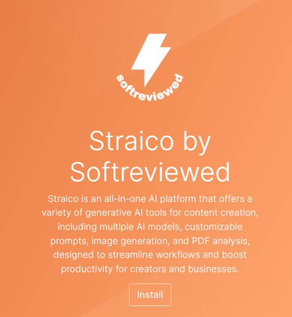 An orange advertisement for "Straico by Softreviewed" showcases an AI platform with tools for content creation, workflows, and productivity, now enhanced with Make.com API integration. Featuring a white lightning bolt logo, it's the ultimate custom APP solution for creators.