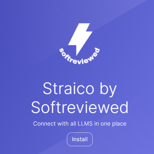 Logo featuring a lightning bolt and "softreviewed" text. Below, it reads, "Straico by Softreviewed: Connect with all LLMS in one place using Straico API." Install button at the bottom.