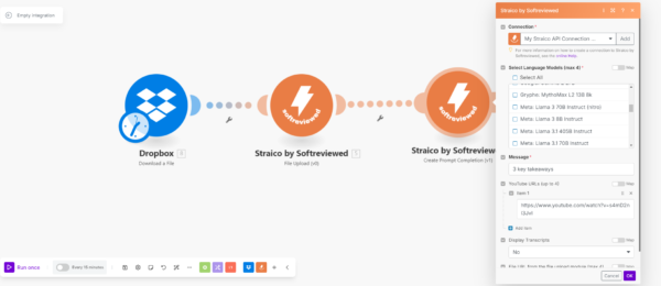 A workflow diagram illustrates data flowing from Dropbox to two Strac.io nodes for processing, seamlessly integrated with the Make.com API. Connected by arrows, a settings panel appears on the right side, offering various configuration options for a custom APP setup.