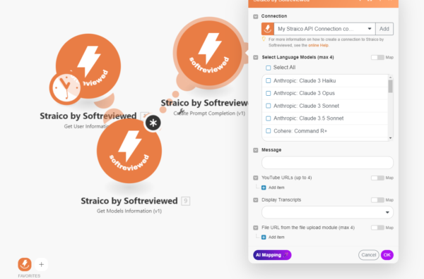 Screenshot of the Straico application interface showing option to select Anthropic language models and mapping settings in a connection workflow. The screen is populated with choice buttons and checkboxes.