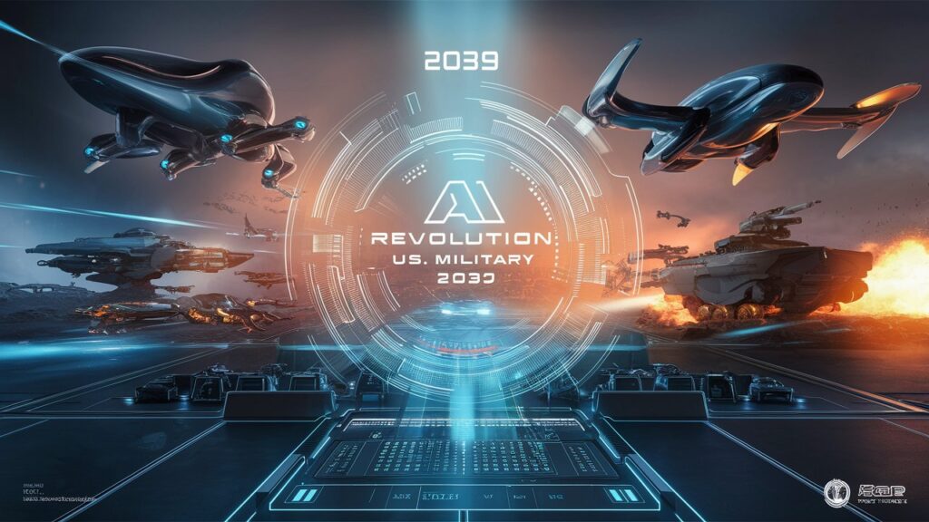 Futuristic military scene with advanced drones and tanks, "AI Revolution: U.S. Military 2039" displayed on a digital interface. Fiery explosions and a dramatic sky in the background showcase the intensity of modern warfare.