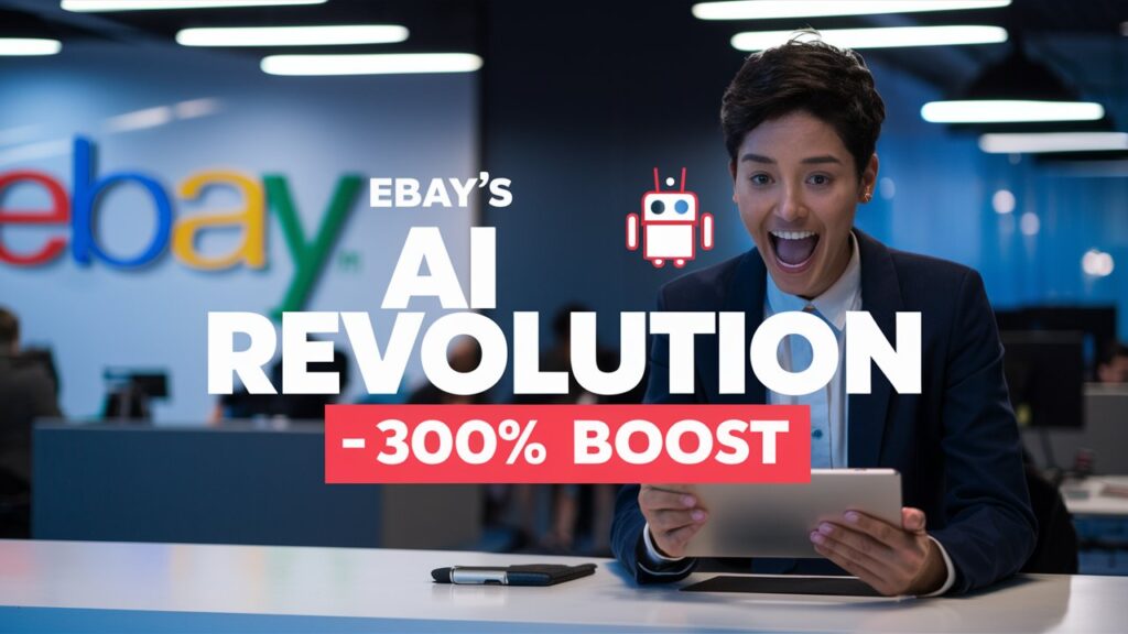 A person in a suit looks excitedly at a tablet. The text reads "eBay's AI Revolution - 300% Boost," with an AI robot icon above. The background includes the eBay logo, highlighting how Seller Success is driven by innovative AI advertising tools.