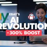A person in a suit looks excitedly at a tablet. The text reads "eBay's AI Revolution - 300% Boost," with an AI robot icon above. The background includes the eBay logo, highlighting how Seller Success is driven by innovative AI advertising tools.