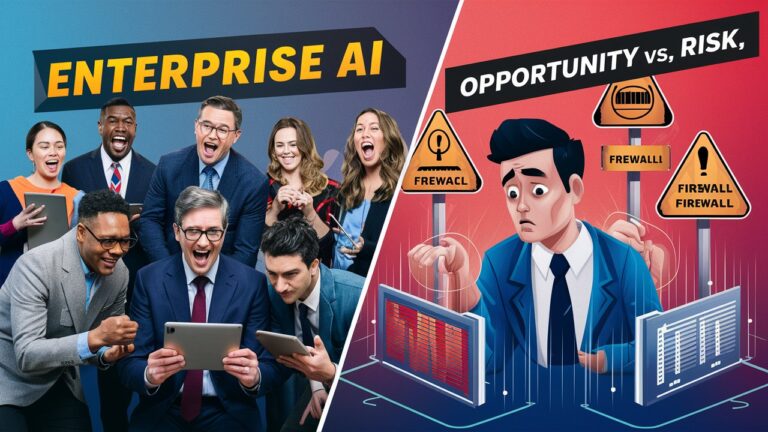 Two contrasting panels: on the left, business professionals excitedly engage with technology under the header "Enterprise Generative AI"; on the right, a worried individual faces security warnings with the text "Opportunity vs. Security Challenges.