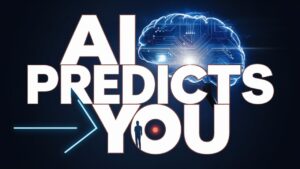 Text reads "AI PREDICTS YOU" with a digital brain graphic in the background and a silhouette of a human figure integrated into the word "YOU", showcasing an AI-Powered Behavior Engine that hints at the Future of Gaming.