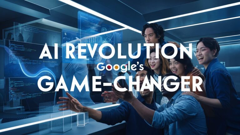 A group of five people interacts with virtual screens in a high-tech room, showcasing Google's AI Developer Tools. Text overlay reads "AI Revolution: Google's Game-Changer.