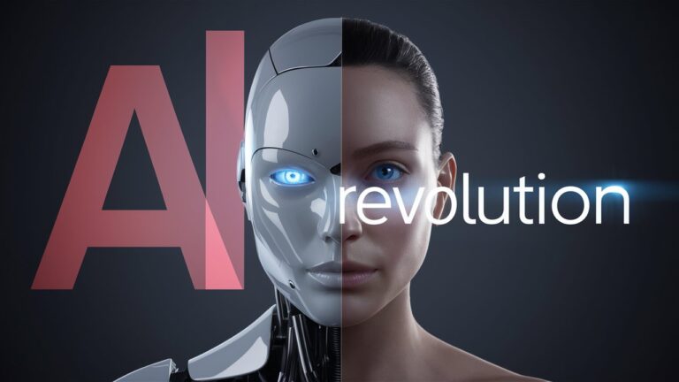 An image showing a face split between a robot and a human with the text "AI revolution." The robot side has blue eyes and metallic features; the human side has natural features and blue eyes, symbolizing Human-Level AI's impact on industries.