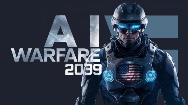 A futuristic soldier in advanced armor with an American flag on the chest stands in front of text reading "AI Warfare 2039," showcasing the cutting-edge integration of AI in U.S. Military operations.
