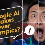 A person with an open-mouthed expression and text overlay saying "Google's AI Takes Over 2024 Paris Olympics?" with an exclamation mark in a speech bubble.