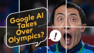 A person with an open-mouthed expression and text overlay saying "Google's AI Takes Over 2024 Paris Olympics?" with an exclamation mark in a speech bubble.