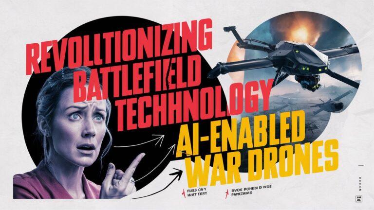 Advertisement poster showcasing a woman looking surprised and a flying drone. The text reads: "Revolutionizing Battlefield Technology in Ukraine: AI-Enabled War Drones." Additional details include "Plus Only at DVD" and "BVGOS Powered by Woe Parcharms.
