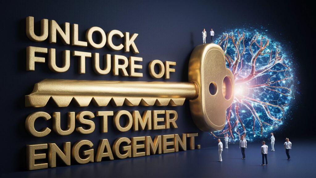 A large golden key labeled "Unlock Future of Customer Engagement" with businesspeople standing on and around it. Connected to a glowing neural network-like structure, the key symbolizes Intelligent Communication Technology driven by Sinch AI.