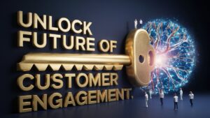 A large golden key labeled "Unlock Future of Customer Engagement" with businesspeople standing on and around it. Connected to a glowing neural network-like structure, the key symbolizes Intelligent Communication Technology driven by Sinch AI.