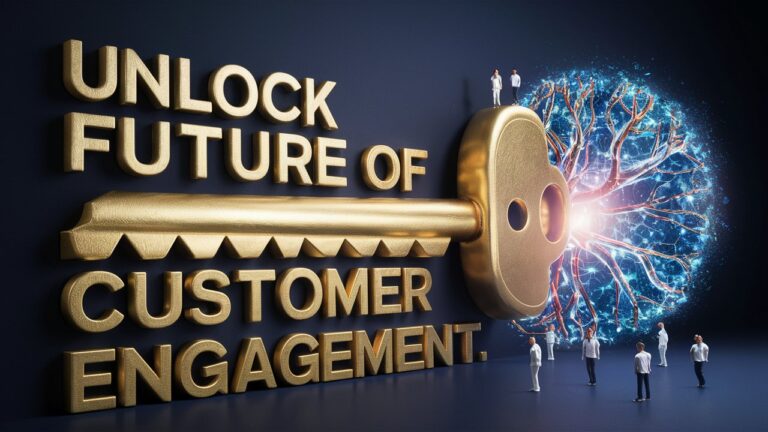 A large golden key labeled "Unlock Future of Customer Engagement" with businesspeople standing on and around it. Connected to a glowing neural network-like structure, the key symbolizes Intelligent Communication Technology driven by Sinch AI.