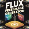 Poster displaying "Flux Free Image Generator" with AUTO-DRAFT futuristic graphics, showcasing two platforms, "Flux.1" and "Make.com," connected to a central device on a dark background illuminated by multiple screens.