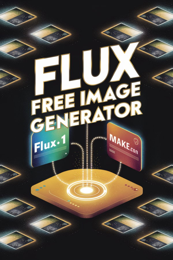 Poster displaying "Flux Free Image Generator" with AUTO-DRAFT futuristic graphics, showcasing two platforms, "Flux.1" and "Make.com," connected to a central device on a dark background illuminated by multiple screens.