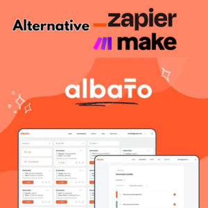 Image showing the logos of Zapier and Make as alternatives above an open browser displaying the Albato website, which features various automation tools and workflows on an orange background. Discover more about no code automation platforms with the Albato Lifetime Deal.