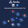 Flowchart demonstrating steps in the TexAu Automation & Lead Generation Tool, showcasing LinkedIn Automation with platforms like YouTube, Reddit, Google, and Twitter. Includes integration with Sales Navigator for optimized lead generation on LinkedIn.