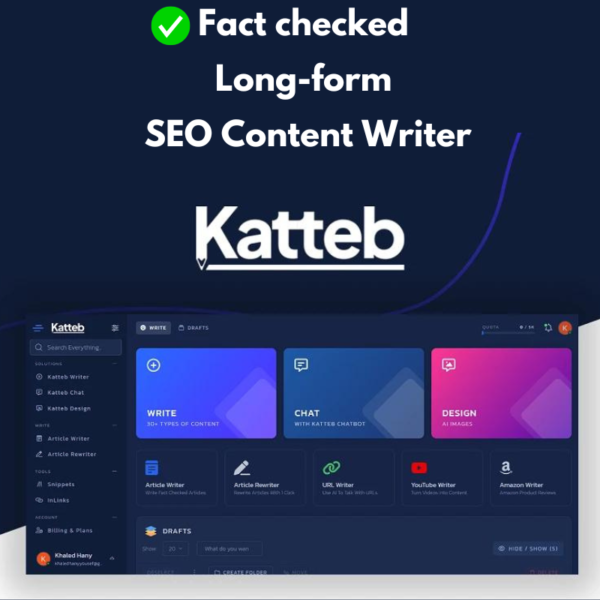 Screenshot of Katteb AI's interface displaying options for writing, chatting, and designing content, along with a checkbox indicating "Fact checked Long-form SEO Optimized Content Writer" at the top.