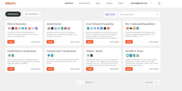 A screenshot of the Albato marketplace interface showcasing various automation tools with install buttons. Options include integrations for Google Sheets, Facebook Leads, Telegram, and more. Explore Albato as a Zapier alternative to streamline your workflow seamlessly.