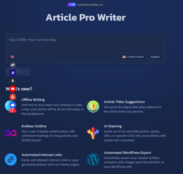 Screenshot of the "Article Pro Writer" app interface featuring options for language selection, article idea input, and various features like offline writing, title suggestions, internal links automation, and SEO optimized content.