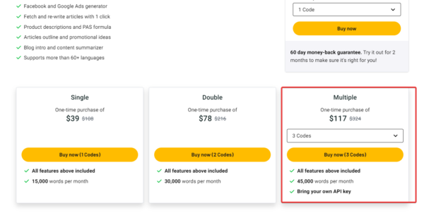 Pricing plans include Single for $39, Double for $78, and Multiple for $117 with varying features and purchase options. Enjoy a Lifetime Deal on Katteb AI, ensuring your content is SEO optimized.